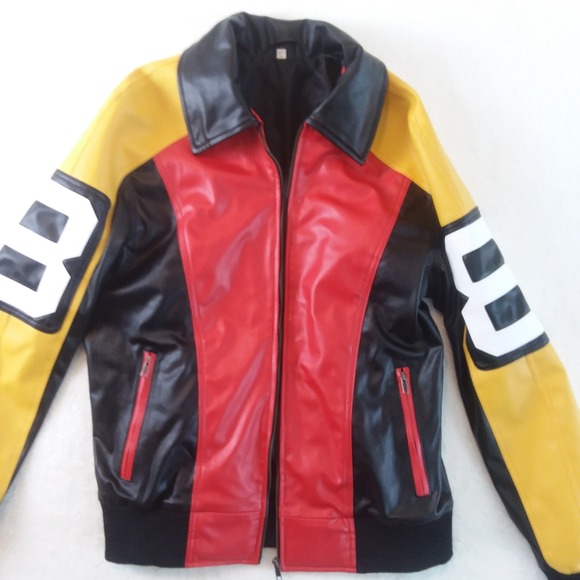8 Ball Jacket Mens Retro Style Bomber Full Zip Red Yellow Black Faux Leather Lg - Picture 6 of 16